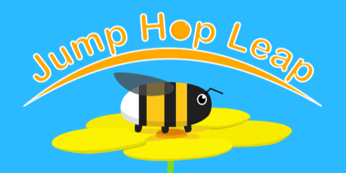 an image showcasing the logo, a character and a platform of the game Jump Hop Leap